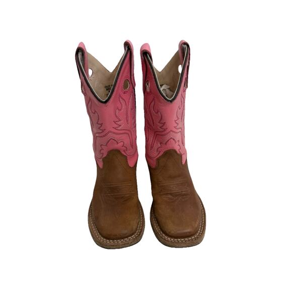 Old West Girls Pink & Brown Leather Cowboy Boots Kids 9D Square Toe - Picture 3 of 7